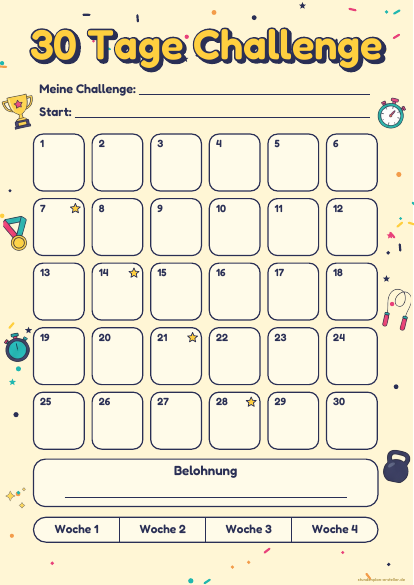 30 Tage Challenge zum Ausdrucken – Vorschau der kostenlosen PDF-Vorlage