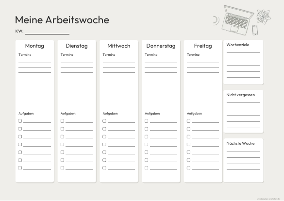 Wochenplaner Arbeit zum Ausdrucken – Vorschau der kostenlosen PDF-Vorlage
