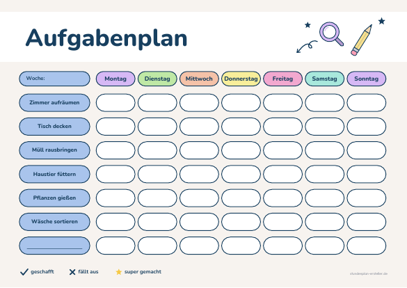 Aufgabenplan für Kinder zum Ausdrucken – Vorschau der kostenlosen PDF-Vorlage
