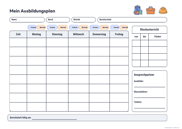 Stundenplan Ausbildung zum Ausdrucken – Vorschau der kostenlosen PDF-Vorlage