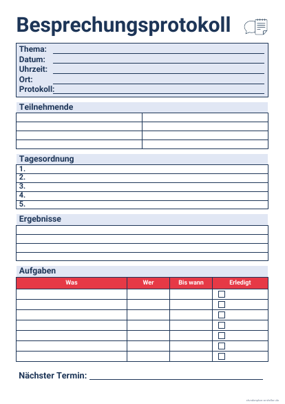Besprechungsprotokoll zum Ausdrucken – Vorschau der kostenlosen PDF-Vorlage