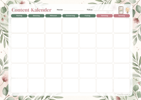 Content-Kalender Aesthetic zum Ausdrucken – Vorschau der kostenlosen PDF-Vorlage