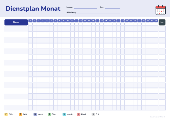 Dienstplan Monat zum Ausdrucken – Vorschau der kostenlosen PDF-Vorlage