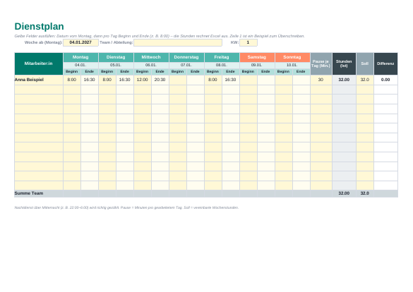 Dienstplan Vorlage (Excel) zum Ausdrucken – Vorschau der kostenlosen Excel-Vorlage