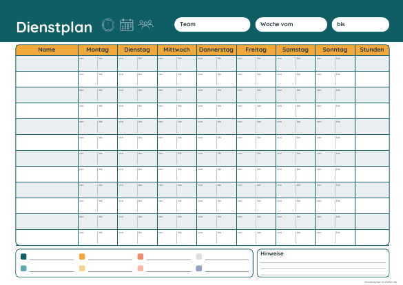 Team-Dienstplan mit Stundensumme zum Ausdrucken – Vorschau der kostenlosen PDF-Vorlage