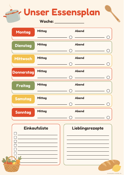 Essensplan zum Ausdrucken – Vorschau der kostenlosen PDF-Vorlage