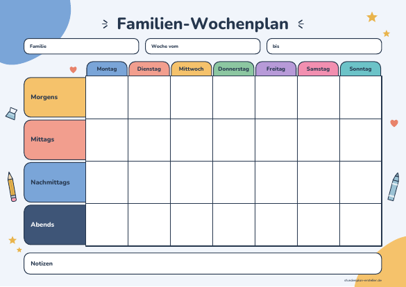 Familien-Wochenplan zum Ausdrucken – Vorschau der kostenlosen PDF-Vorlage