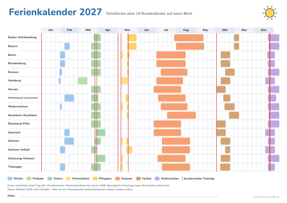 Ferienkalender 2027 zum Ausdrucken – Vorschau der kostenlosen PDF-Vorlage
