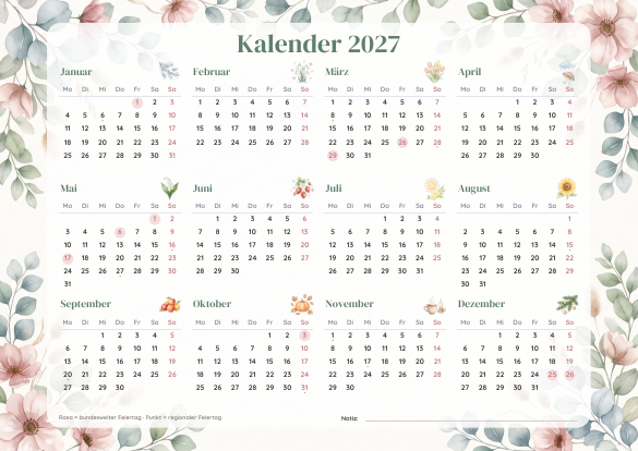 Kalender 2027 Aquarell zum Ausdrucken – Vorschau der kostenlosen PDF-Vorlage