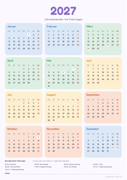 Kalender 2027 Hochformat zum Ausdrucken – Vorschau der kostenlosen PDF-Vorlage