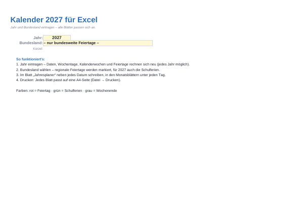 Vorlage Kalender 2027 für Excel zum Ausdrucken – Vorschau der kostenlosen Excel-Vorlage