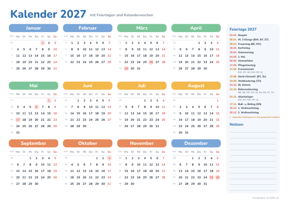 Jahreskalender 2027 zum Ausdrucken – Vorschau der kostenlosen PDF-Vorlage