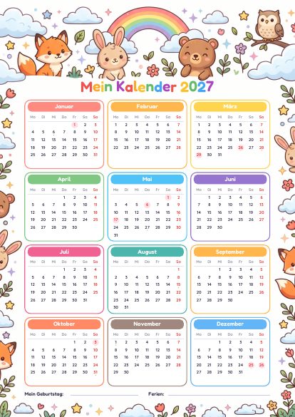 Kinderkalender 2027 zum Ausdrucken – Vorschau der kostenlosen PDF-Vorlage