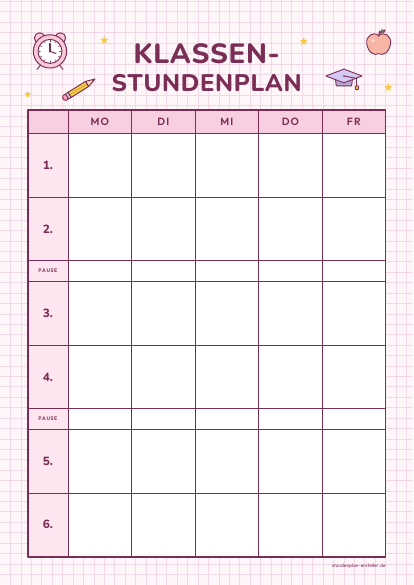 Klassen-Stundenplan Doodle Rosa zum Ausdrucken – Vorschau der kostenlosen PDF-Vorlage