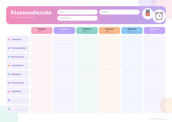 Klassendienste pastell zum Ausdrucken – Vorschau der kostenlosen PDF-Vorlage
