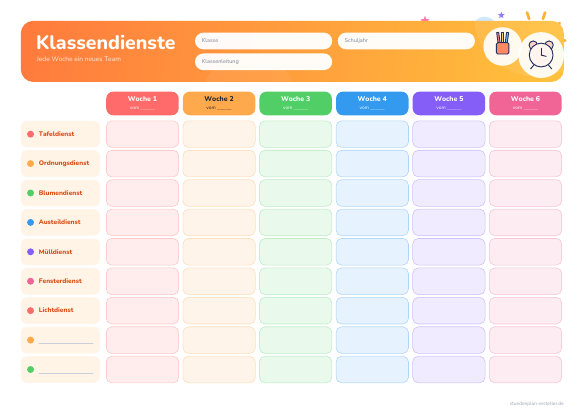 Klassendienste zum Ausdrucken – Vorschau der kostenlosen PDF-Vorlage