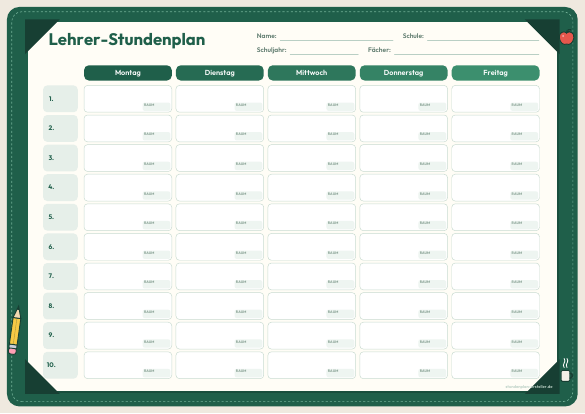 Lehrer-Stundenplan zum Ausdrucken – Vorschau der kostenlosen PDF-Vorlage