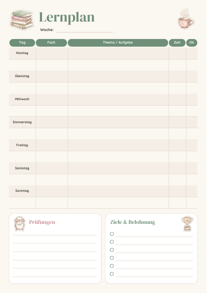 Lernplan Aesthetic zum Ausdrucken – Vorschau der kostenlosen PDF-Vorlage