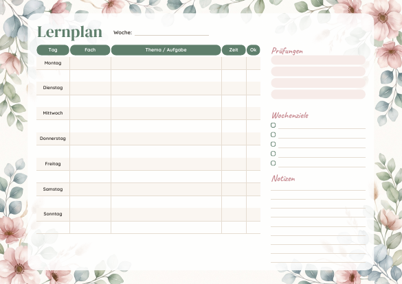 Lernplan Aquarell zum Ausdrucken – Vorschau der kostenlosen PDF-Vorlage