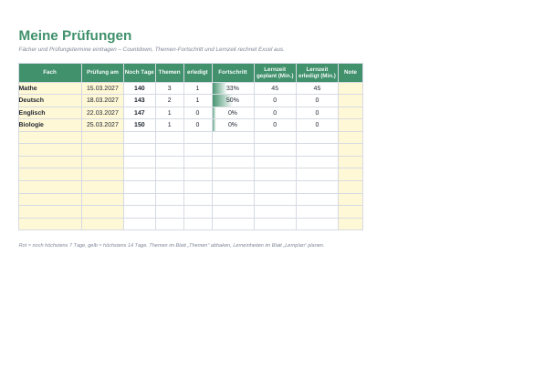 Lernplan Vorlage (Excel) zum Ausdrucken – Vorschau der kostenlosen Excel-Vorlage