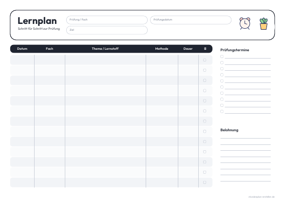 Lernplan-Tabelle mit Prüfungsterminen zum Ausdrucken – Vorschau der kostenlosen PDF-Vorlage