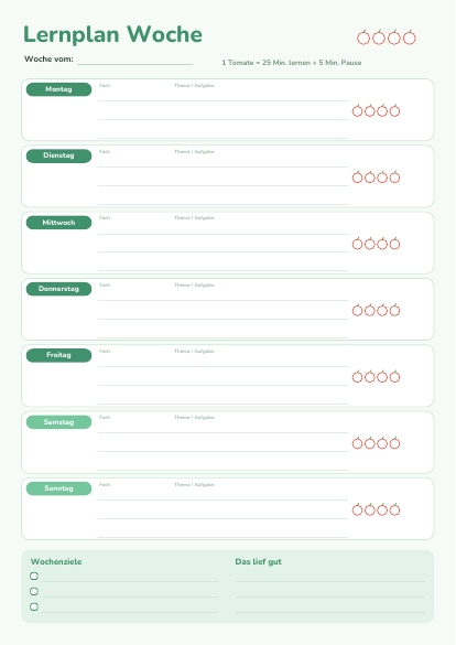 Lernplan Woche zum Ausdrucken – Vorschau der kostenlosen PDF-Vorlage