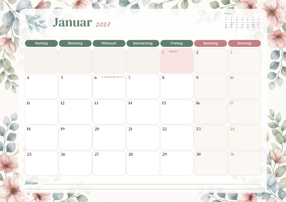 Monatskalender 2027 Aquarell zum Ausdrucken – Vorschau der kostenlosen PDF-Vorlage