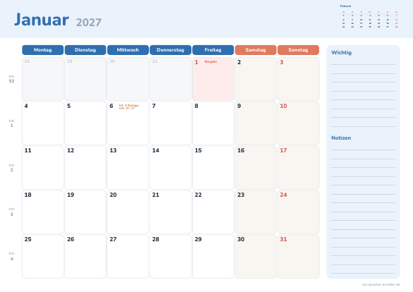 Monatskalender 2027 zum Ausdrucken – Vorschau der kostenlosen PDF-Vorlage
