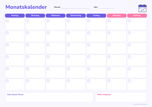 Monatskalender blanko zum Ausdrucken – Vorschau der kostenlosen PDF-Vorlage