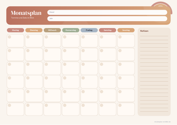 Monatsplan Boho zum Ausdrucken – Vorschau der kostenlosen PDF-Vorlage