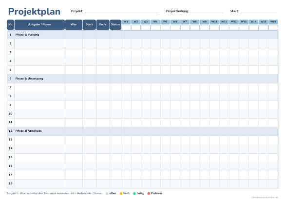 Projektplan mit Balkendiagramm zum Ausdrucken – Vorschau der kostenlosen PDF-Vorlage