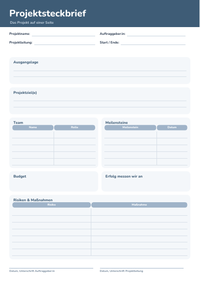 Projektsteckbrief zum Ausdrucken – Vorschau der kostenlosen PDF-Vorlage