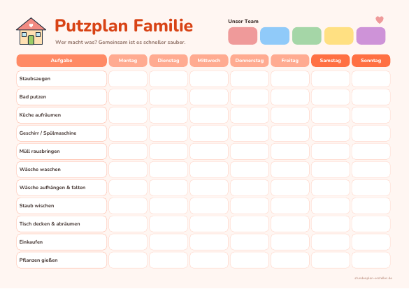 Putzplan Familie zum Ausdrucken – Vorschau der kostenlosen PDF-Vorlage