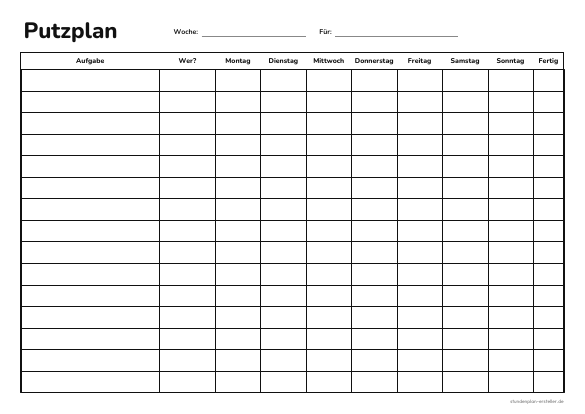 Putzplan leer zum Ausdrucken – Vorschau der kostenlosen PDF-Vorlage