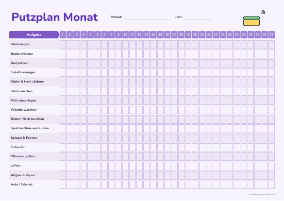 Putzplan monatlich zum Ausdrucken – Vorschau der kostenlosen PDF-Vorlage