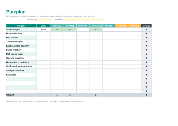 Putzplan Vorlage (Excel) zum Ausdrucken – Vorschau der kostenlosen Excel-Vorlage