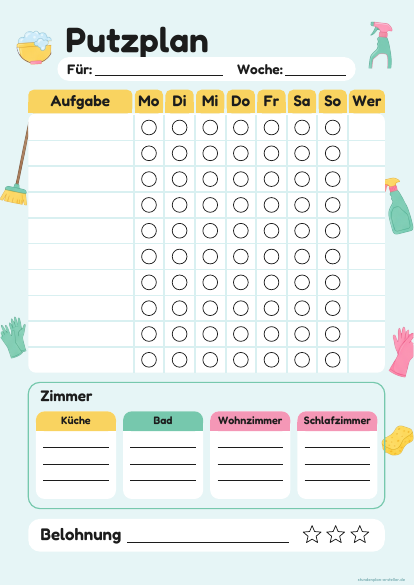 Putzplan Woche mit Raum-Listen zum Ausdrucken – Vorschau der kostenlosen PDF-Vorlage