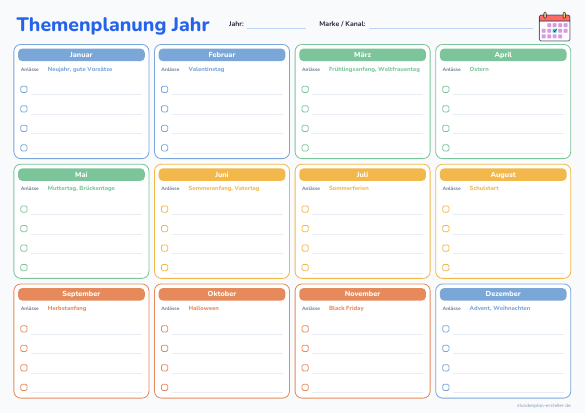 Themenplanung Jahr zum Ausdrucken – Vorschau der kostenlosen PDF-Vorlage