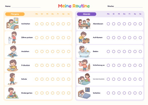 Morgen- und Abendroutine Kinder zum Ausdrucken – Vorschau der kostenlosen PDF-Vorlage