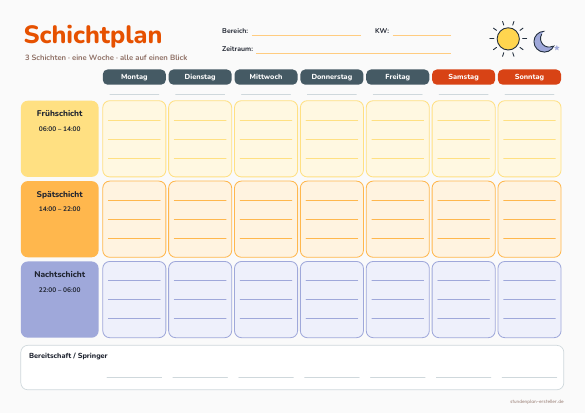 Schichtplan 3 Schichten zum Ausdrucken – Vorschau der kostenlosen PDF-Vorlage