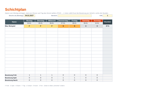 Schichtplan Vorlage (Excel) zum Ausdrucken – Vorschau der kostenlosen Excel-Vorlage