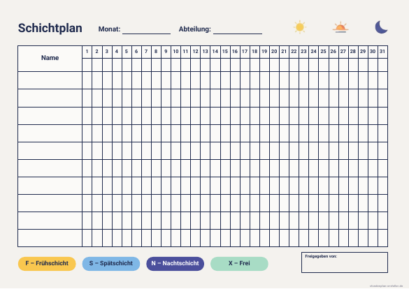 Schichtplan Monat (31 Tage) zum Ausdrucken – Vorschau der kostenlosen PDF-Vorlage
