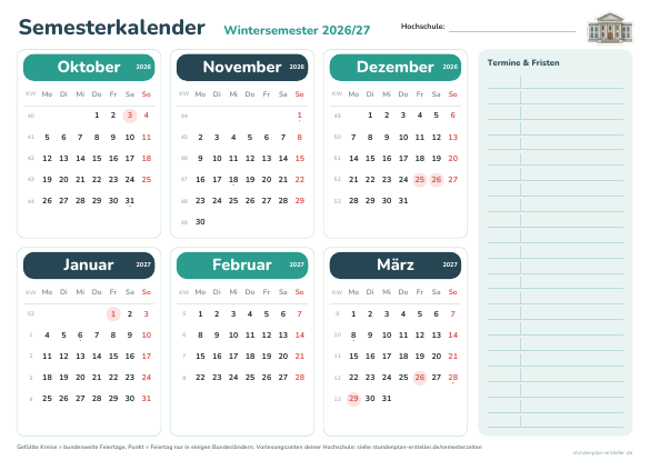 Semesterkalender 2026/27 zum Ausdrucken – Vorschau der kostenlosen PDF-Vorlage