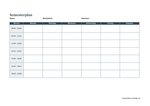 Semesterplan Vorlage (Excel) zum Ausdrucken – Vorschau der kostenlosen Excel-Vorlage