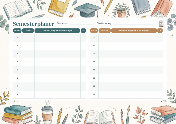 Semesterplaner Aesthetic zum Ausdrucken – Vorschau der kostenlosen PDF-Vorlage