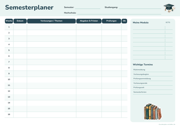 Semesterplaner 16 Wochen zum Ausdrucken – Vorschau der kostenlosen PDF-Vorlage