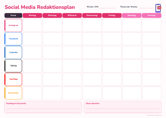 Social Media Redaktionsplan zum Ausdrucken – Vorschau der kostenlosen PDF-Vorlage