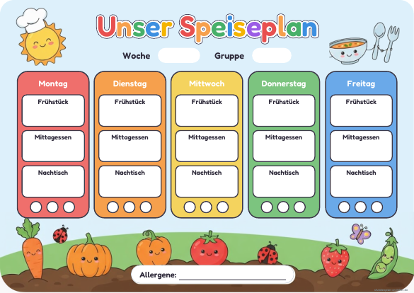 Speiseplan Kita zum Ausdrucken – Vorschau der kostenlosen PDF-Vorlage