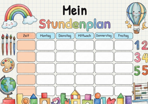 Stundenplan Aquarell Regenbogen zum Ausdrucken – Vorschau der kostenlosen PDF-Vorlage