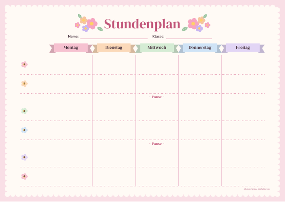 Stundenplan Blumen zum Ausdrucken – Vorschau der kostenlosen PDF-Vorlage